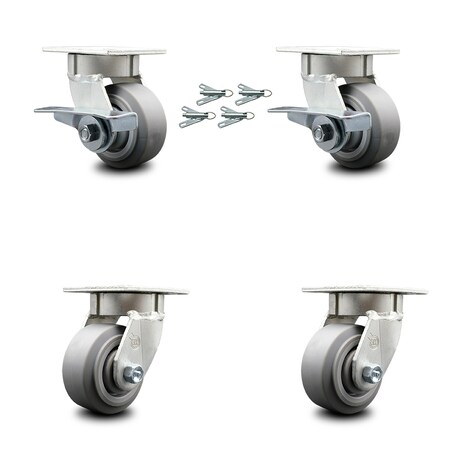 Service Caster 4 Inch Kingpinless Thermoplastic Rubber Wheel Caster Swivel Locks 2 Brakes, 4PK SCC-KP30S420-TPRRF-SLB-BSL-2-BSL-2